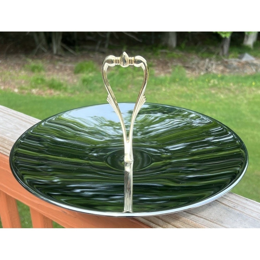 Vtg Kromex Revolving Lazy Susan Serving Tray Gold Tone Heart Handle‎ MCM USA 12"
